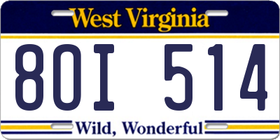 WV license plate 8OI514