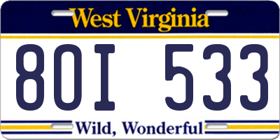 WV license plate 8OI533