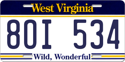 WV license plate 8OI534