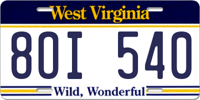 WV license plate 8OI540