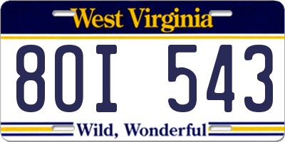 WV license plate 8OI543