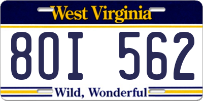 WV license plate 8OI562