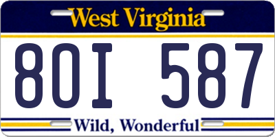 WV license plate 8OI587