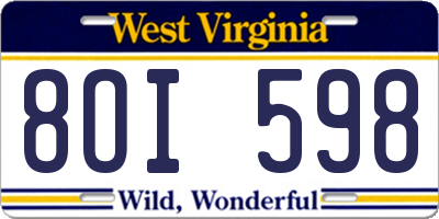WV license plate 8OI598