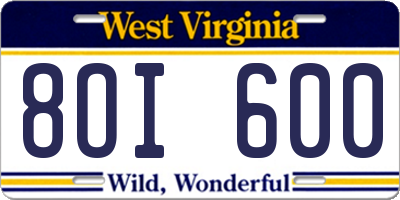 WV license plate 8OI600