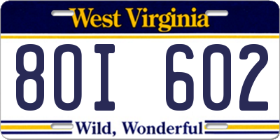 WV license plate 8OI602