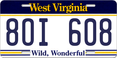 WV license plate 8OI608
