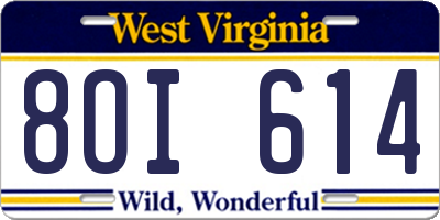 WV license plate 8OI614