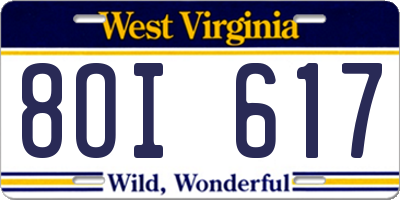 WV license plate 8OI617