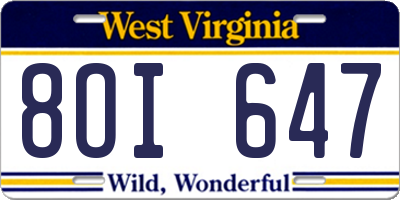 WV license plate 8OI647