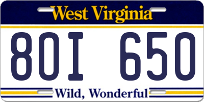 WV license plate 8OI650