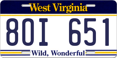 WV license plate 8OI651