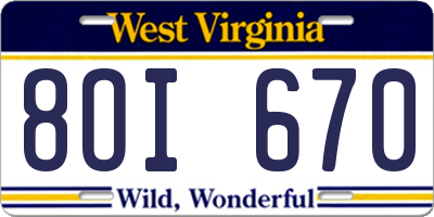 WV license plate 8OI670