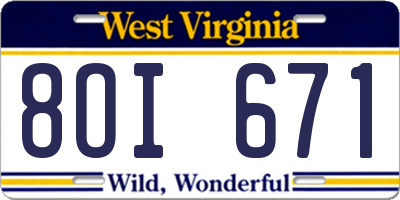 WV license plate 8OI671