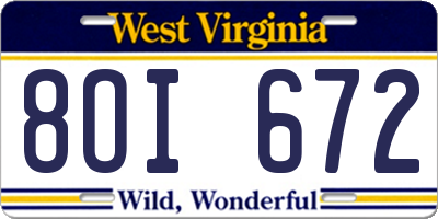 WV license plate 8OI672