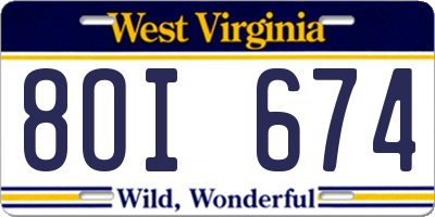 WV license plate 8OI674
