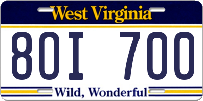 WV license plate 8OI700