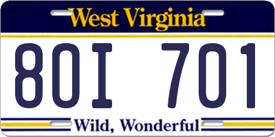 WV license plate 8OI701