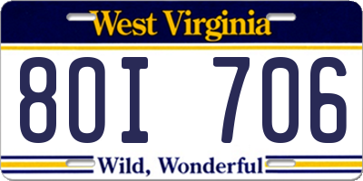 WV license plate 8OI706