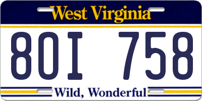 WV license plate 8OI758