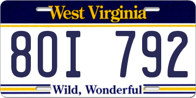 WV license plate 8OI792