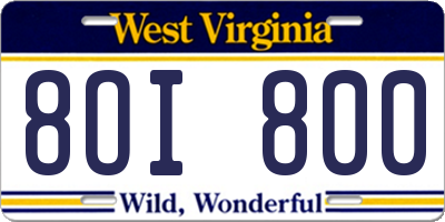 WV license plate 8OI800