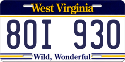 WV license plate 8OI930