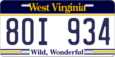 WV license plate 8OI934