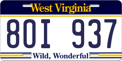 WV license plate 8OI937