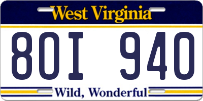 WV license plate 8OI940