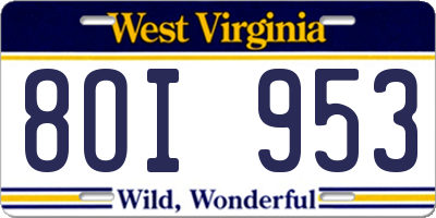 WV license plate 8OI953