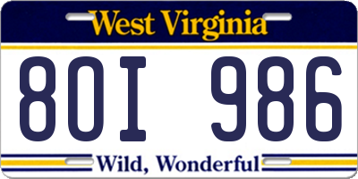 WV license plate 8OI986