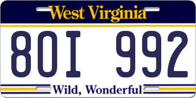 WV license plate 8OI992