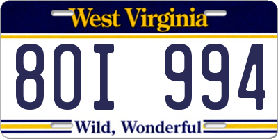 WV license plate 8OI994