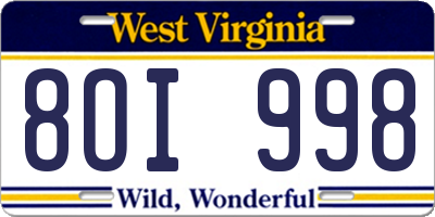 WV license plate 8OI998