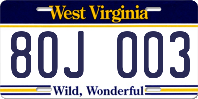 WV license plate 8OJ003