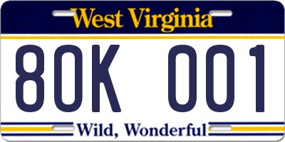 WV license plate 8OK001