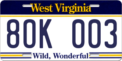 WV license plate 8OK003