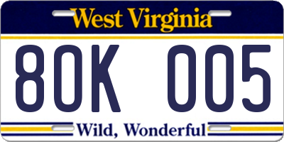 WV license plate 8OK005