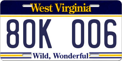 WV license plate 8OK006