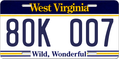 WV license plate 8OK007