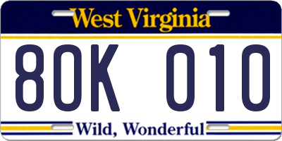 WV license plate 8OK010