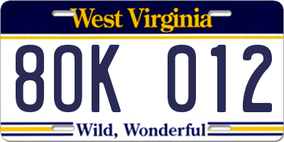WV license plate 8OK012