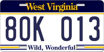 WV license plate 8OK013