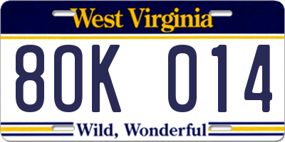 WV license plate 8OK014
