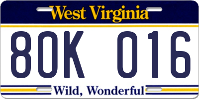 WV license plate 8OK016