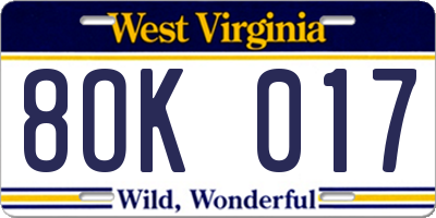 WV license plate 8OK017