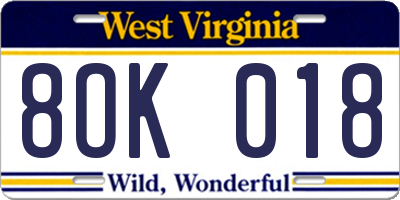 WV license plate 8OK018