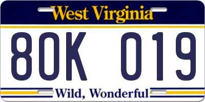 WV license plate 8OK019