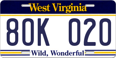 WV license plate 8OK020